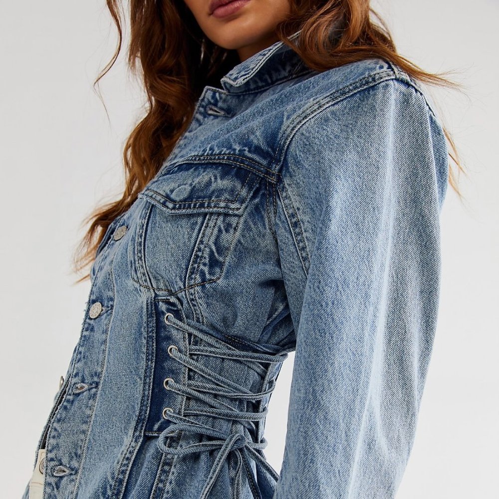 Lana Denim Jacket by Aureta @ Free People XS Color Blue Fawn NWT - Picture 3 of 12